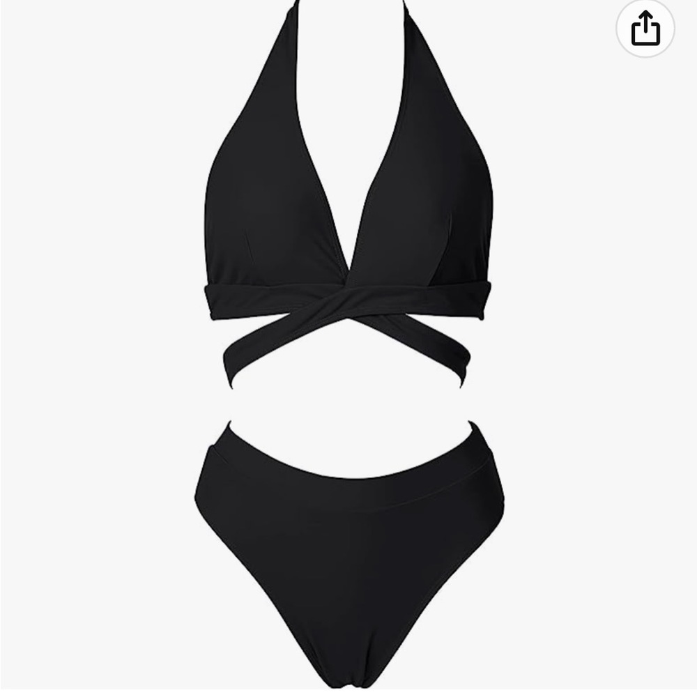 NEW RUUHEE Women Criss Cross High Waisted 2 Piece Black Bathing Suit Size Large